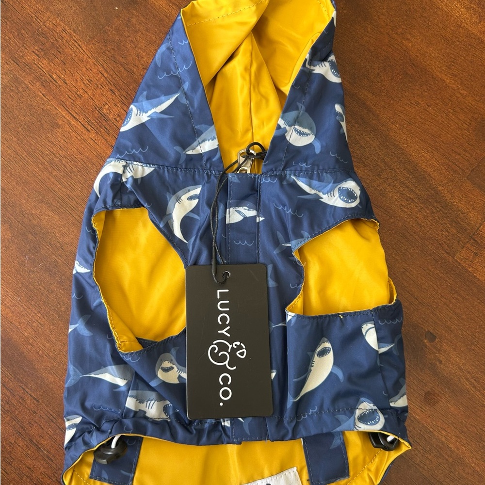 Lucy & Co. Shark Print Dog Raincoat - Blue and Yellow